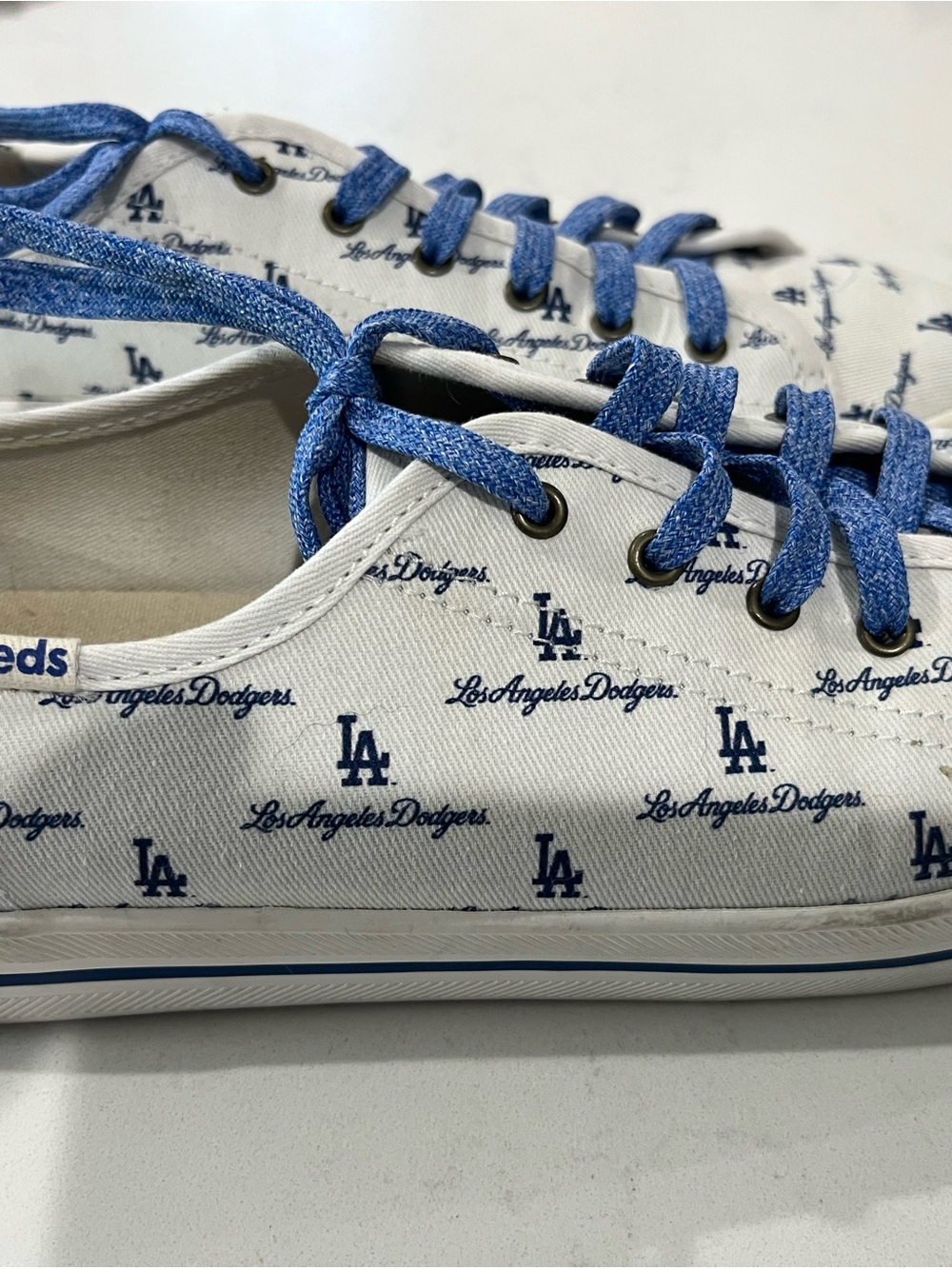 Keds White Canvas Sneakers with Blue Dodgers Print